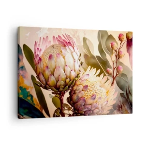 Quadro em tela - Flores coloridas de protea em um fundo delicado - 70x50cm - Abraçado com ternura - Decoração de parede moderna para a sala de estar e quarto ARTTOR