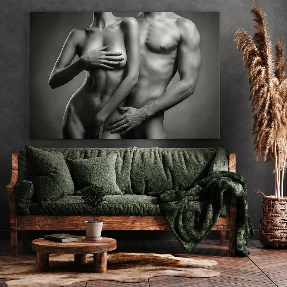 Quadro em tela - Representação em preto e branco de corpos femininos e masculinos em pose artística - 70x50cm - Adão e Eva - Decoração de parede moderna para a sala de estar e quarto ARTTOR
