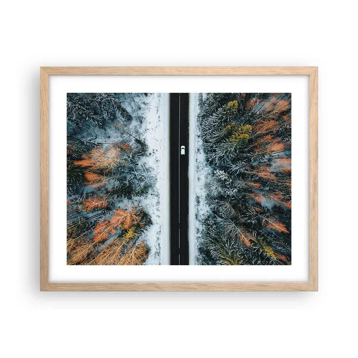 Pôster com moldura de carvalho claro - Cortar a floresta no inverno - 50x40 cm