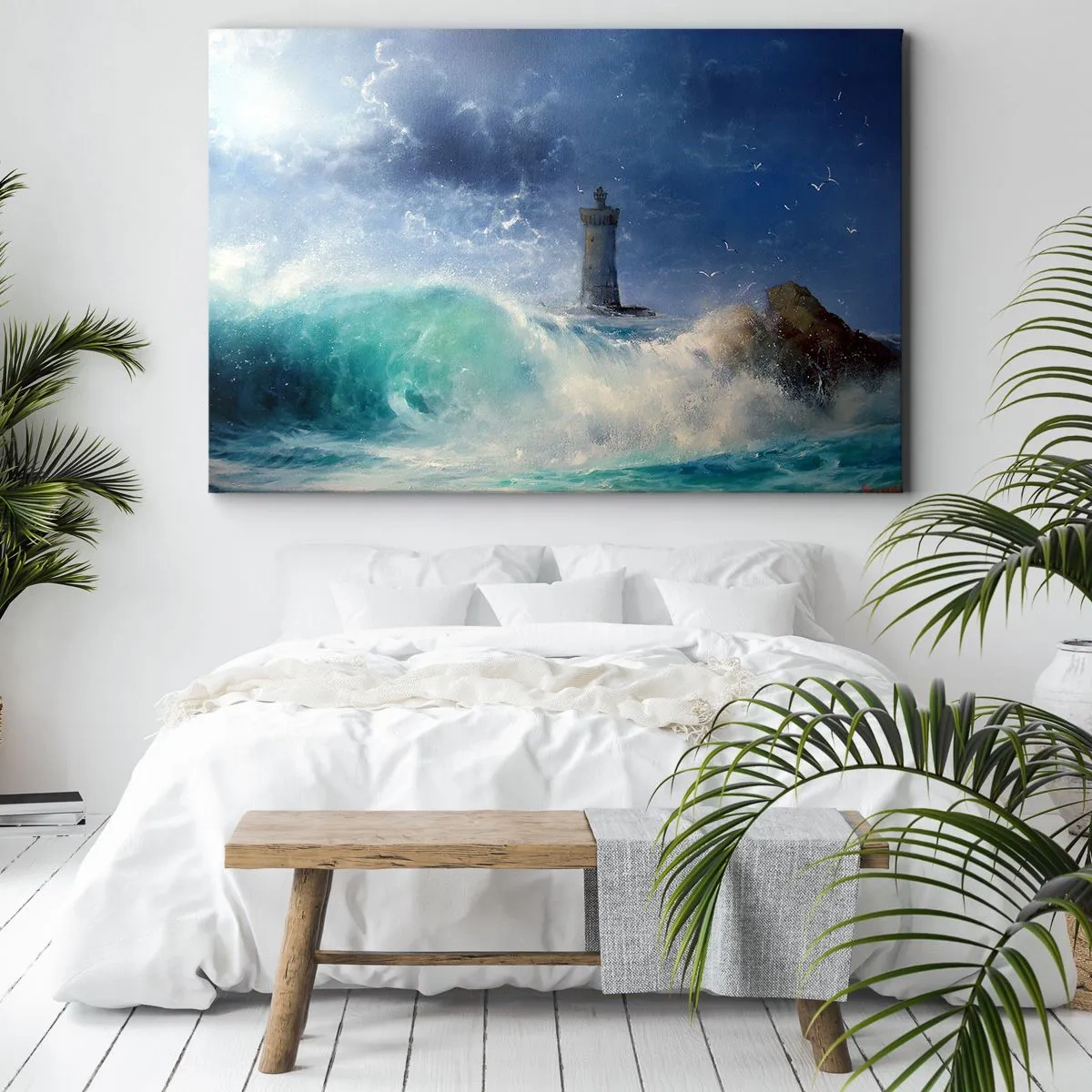 Quadro em tela - Um farol cercado por ondas fortes e nuvens - 70x50cm - Na guarda contra os elementos da natureza - Decoração de parede moderna para a sala de estar e quarto ARTTOR