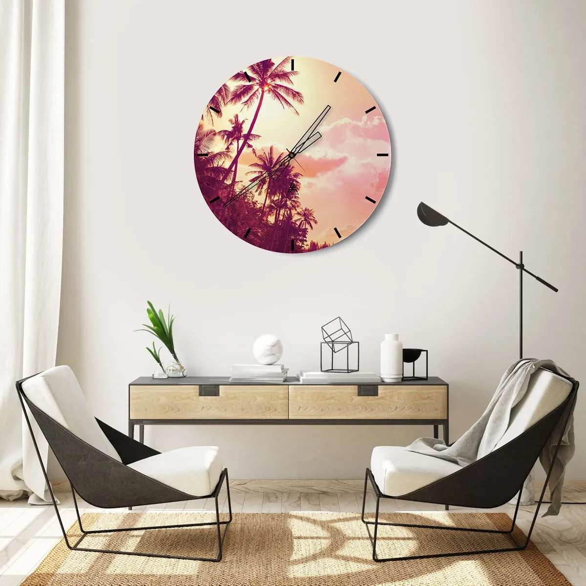 Relógio de parede - Relógio em vidro - Palmeiras contra o céu ao pôr do sol - 30x30cm - Tem que escolher - Decoração de parede moderna para a sala de estar, cozinha e quarto ARTTOR