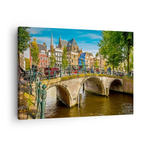 Quadro em tela - Um canal pitoresco com uma ponte em Amsterdã - 70x50cm - Primavera junto ao canal - Decoração de parede moderna para a sala de estar e quarto ARTTOR