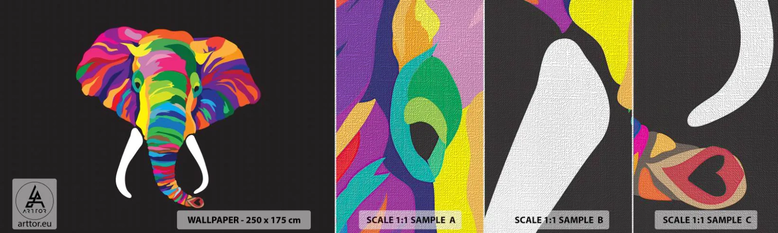 Amostra de papel de parede Premium Canvas - O elefante que adorava banhar-se no arco-íris - Animais, Elefante, Imagem colorida - 100x30 cm