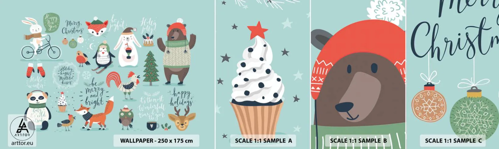 Amostra de Papel de Parede Standard Eco - Que seja sempre Natal! - Para crianças, Inverno, Animais felizes - 100x30 cm