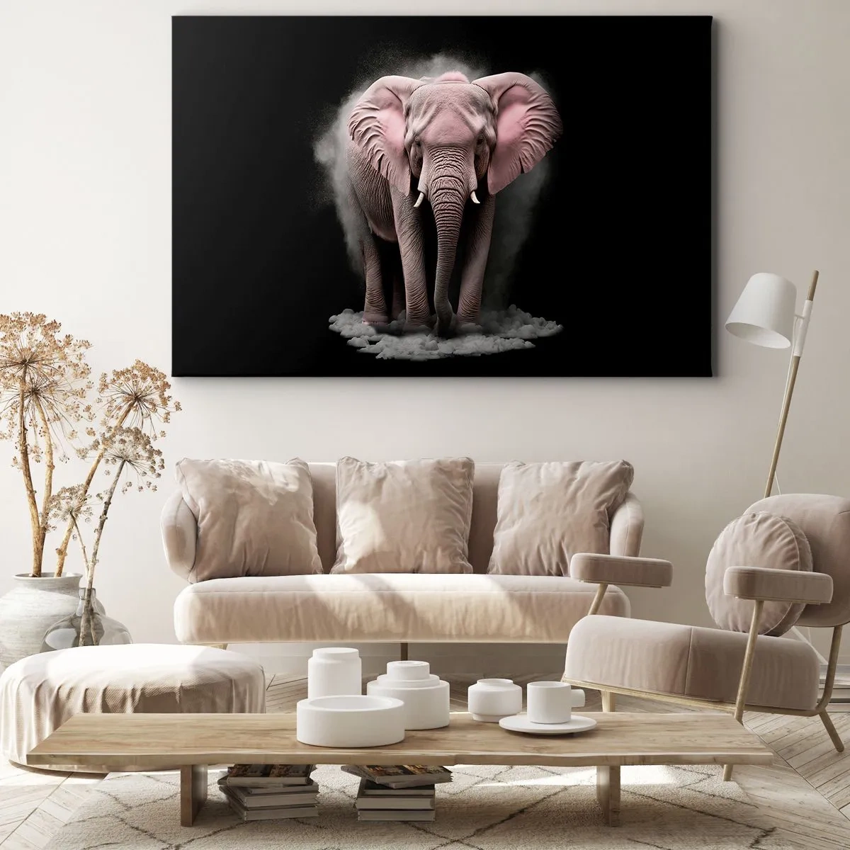 Quadro em tela - Uma abordagem artística de um elefante rosa em um fundo preto - 70x50cm - Não pense em um elefante rosa! - Decoração de parede moderna para a sala de estar e quarto ARTTOR
