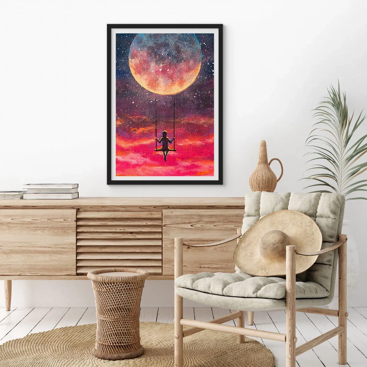 Pôster com moldura preta - Garota em um balanço sob a lua cheia - 50x70cm - Balanço nas nuvens - Decoração de parede moderna para a sala de estar e quarto ARTTOR