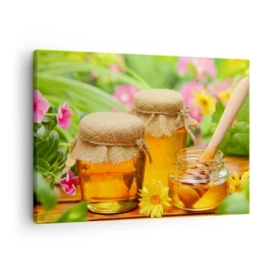 Quadro em tela - Potes de mel com flores no fundo de um jardim de verão - 70x50cm - Doce e floral - Decoração de parede moderna para a sala de estar e quarto ARTTOR