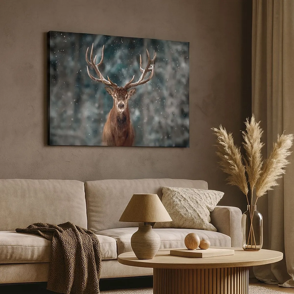 Quadro em tela - Veados em uma floresta de inverno com neve caindo - 70x50cm - O rei coroado da floresta  - Decoração de parede moderna para a sala de estar e quarto ARTTOR