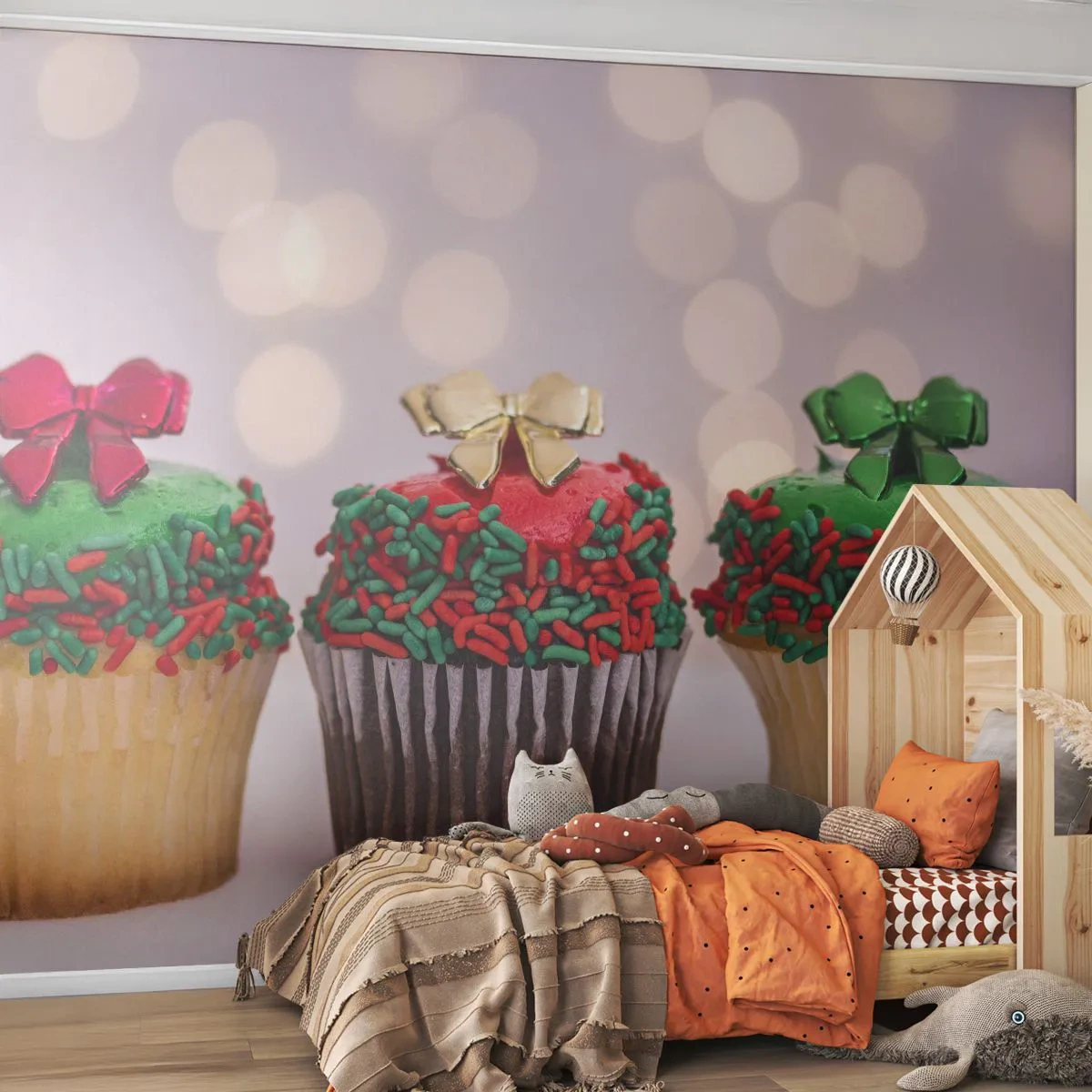 Papel de Parede Autocolante Deluxe Sticker - Doces sob o laço - Gastronomia, Biscoitos, Muffins coloridos - 250x175 cm