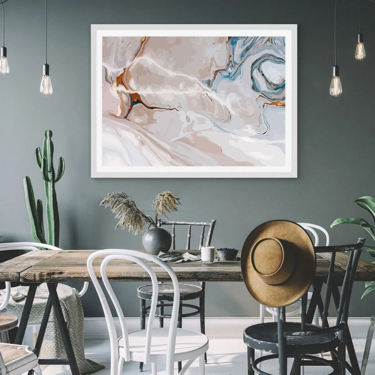 Pôster em moldura branca - Meandros azuis sob branco - 100x70 cm