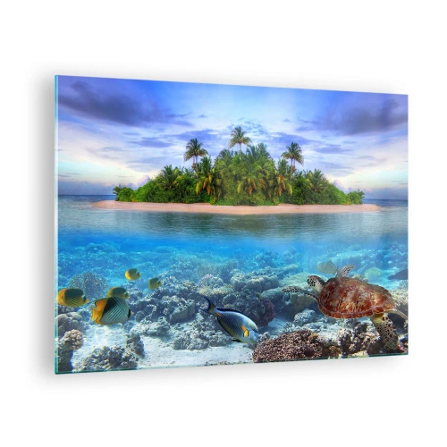 Quadro em vidro - Uma ilha tropical com um recife de coral e vida marinha - 70x50cm - A Ilha Celestial lhe convida - Decoração de parede moderna para a sala de estar e quarto ARTTOR