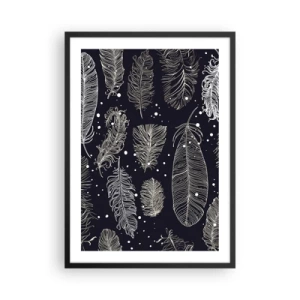 Pôster com moldura preta - Penas brancas sobre fundo preto em um arranjo elegante - 50x70cm - Rendas de penas - Decoração de parede moderna para a sala de estar e quarto ARTTOR