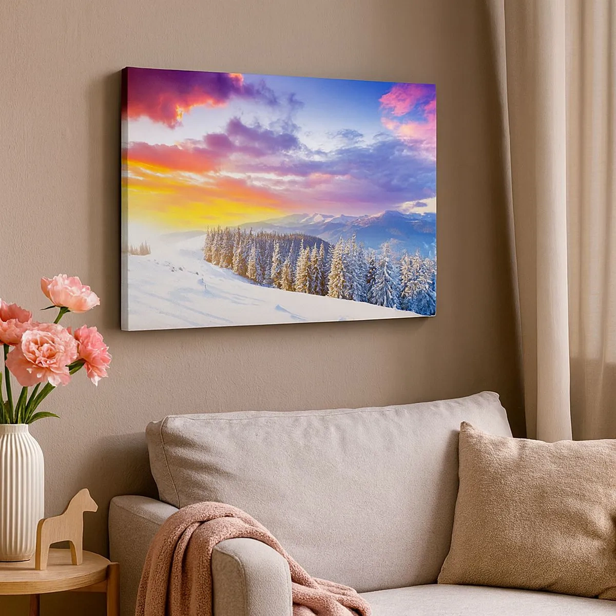 Quadro em tela - Paisagem de inverno com montanhas e floresta ao pôr do sol - 70x50cm - Em plena luz do dia - Decoração de parede moderna para a sala de estar e quarto ARTTOR
