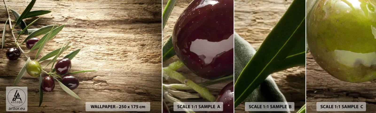 Amostra de Papel de Parede Standard Eco - Direto da natureza - Ramo de oliveira, Natureza, Azeitonas - 100x30 cm