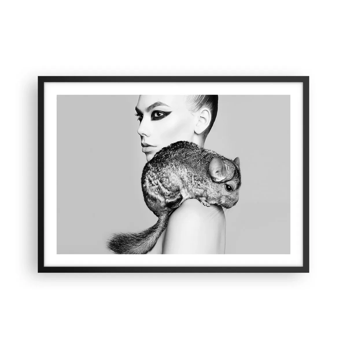 Pôster com moldura preta - A dama com a chinchila - 70x50 cm