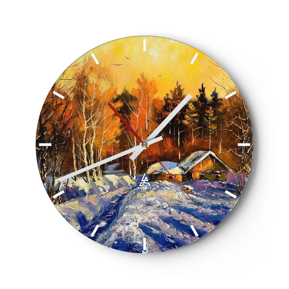 Relógio de parede - Relógio em vidro - Uma casa pitoresca em uma floresta de inverno iluminada por um pôr do sol quente - 30x30cm - Impressão de inverno ao sol - Decoração de parede moderna para a sala de estar, cozinha e quarto ARTTOR