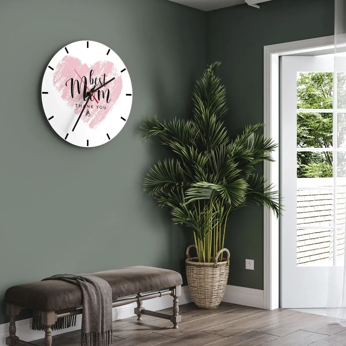 Relógio de parede - Relógio em vidro - Um coração rosa com as palavras "melhor mãe" em um fundo branco - 30x30cm - Sempre o momento certo - Decoração de parede moderna para a sala de estar, cozinha e quarto ARTTOR