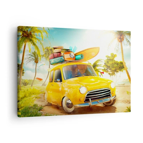 Quadro em tela - Um carro amarelo com bagagem contra uma paisagem tropical - 70x50cm - Uma viagem para mais do que um sorriso - Decoração de parede moderna para a sala de estar e quarto ARTTOR