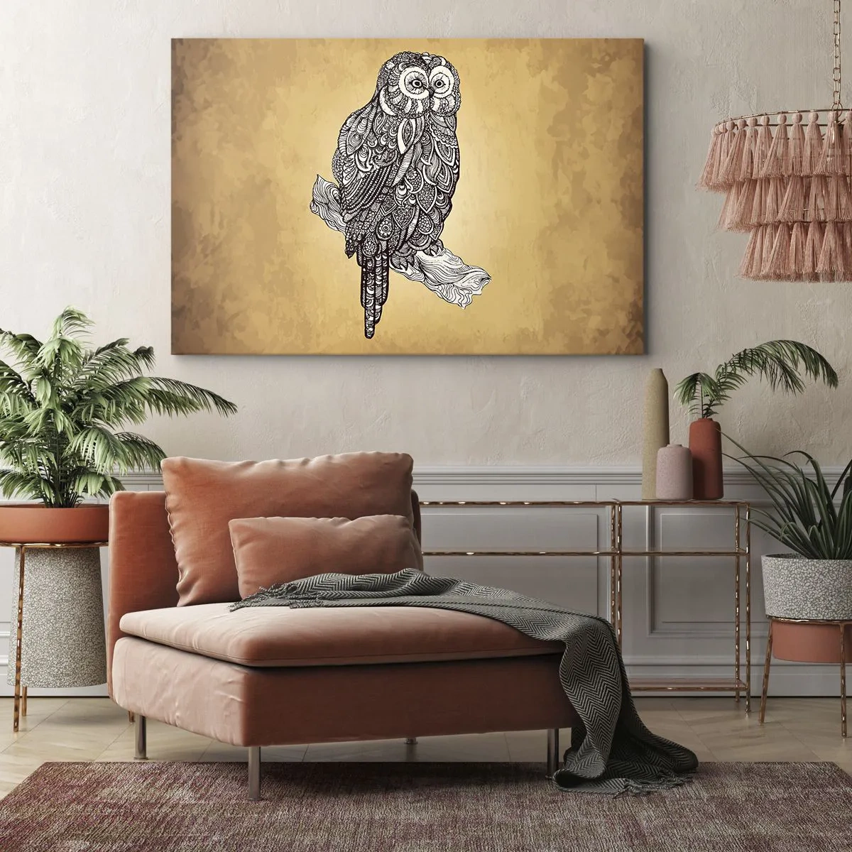 Quadro em tela - Uma coruja em estilo ornamental sobre fundo bege - 70x50cm - Ornamentos intrincados de sabedoria - Decoração de parede moderna para a sala de estar e quarto ARTTOR