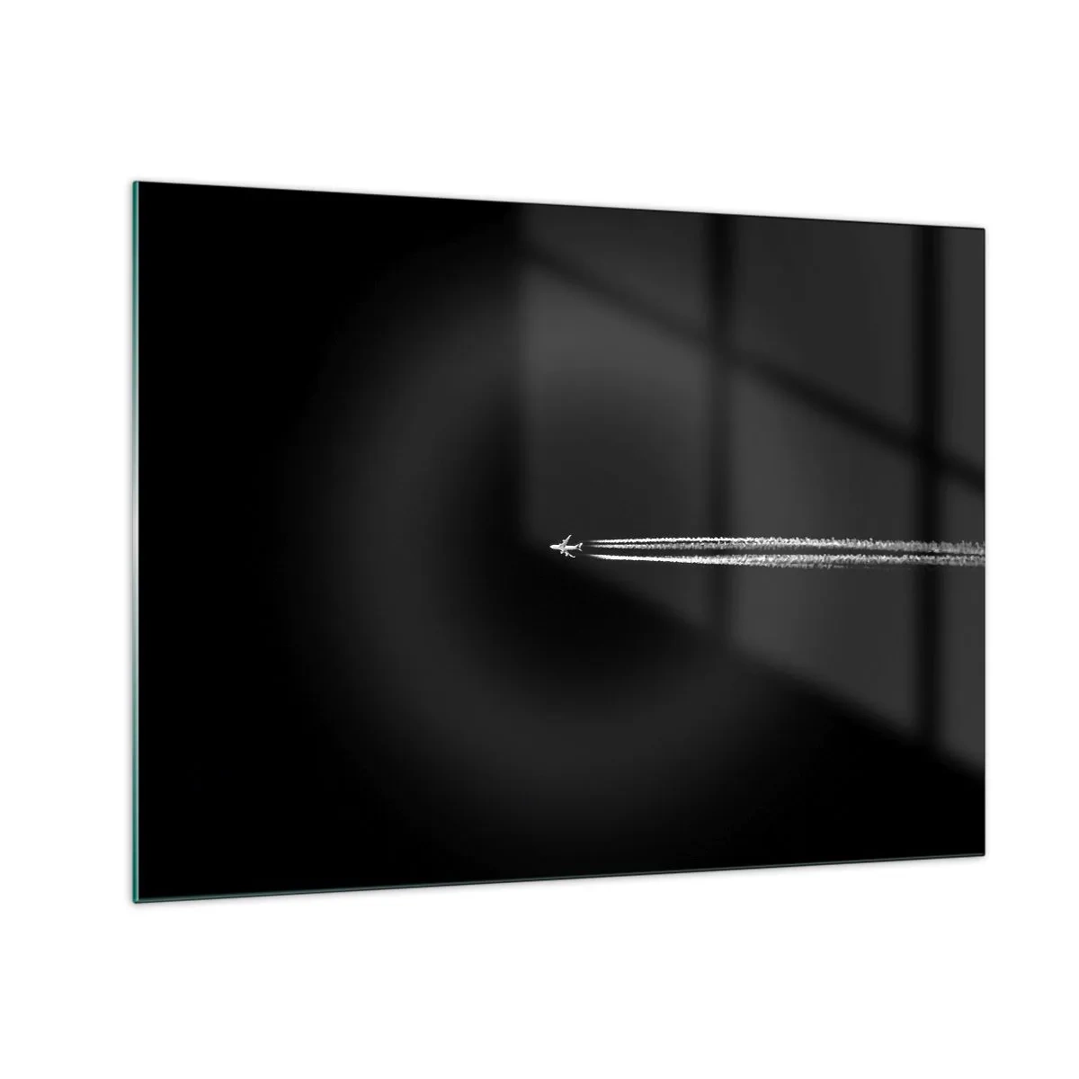Quadro em vidro - Um avião a jato em um fundo preto com uma esteira de condensação - 70x50cm - Em outra dimensão - Decoração de parede moderna para a sala de estar e quarto ARTTOR