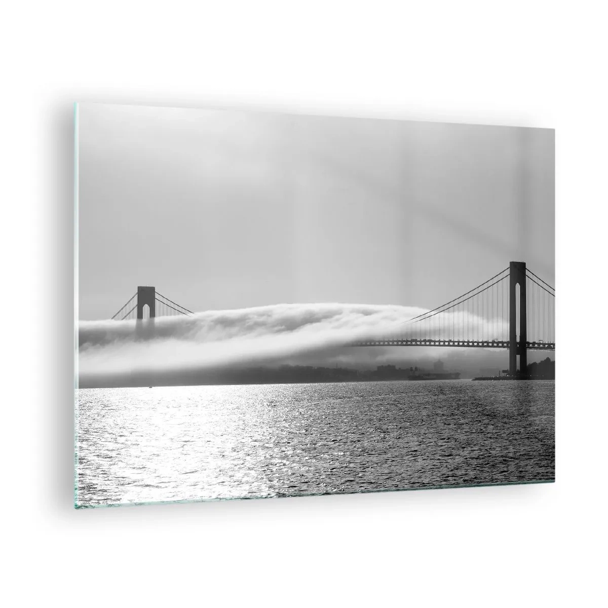 Quadro em vidro - Uma ponte em preto e branco com neblina sobre a água - 70x50cm - Navegando pelo Golden Gate - Decoração de parede moderna para a sala de estar e quarto ARTTOR