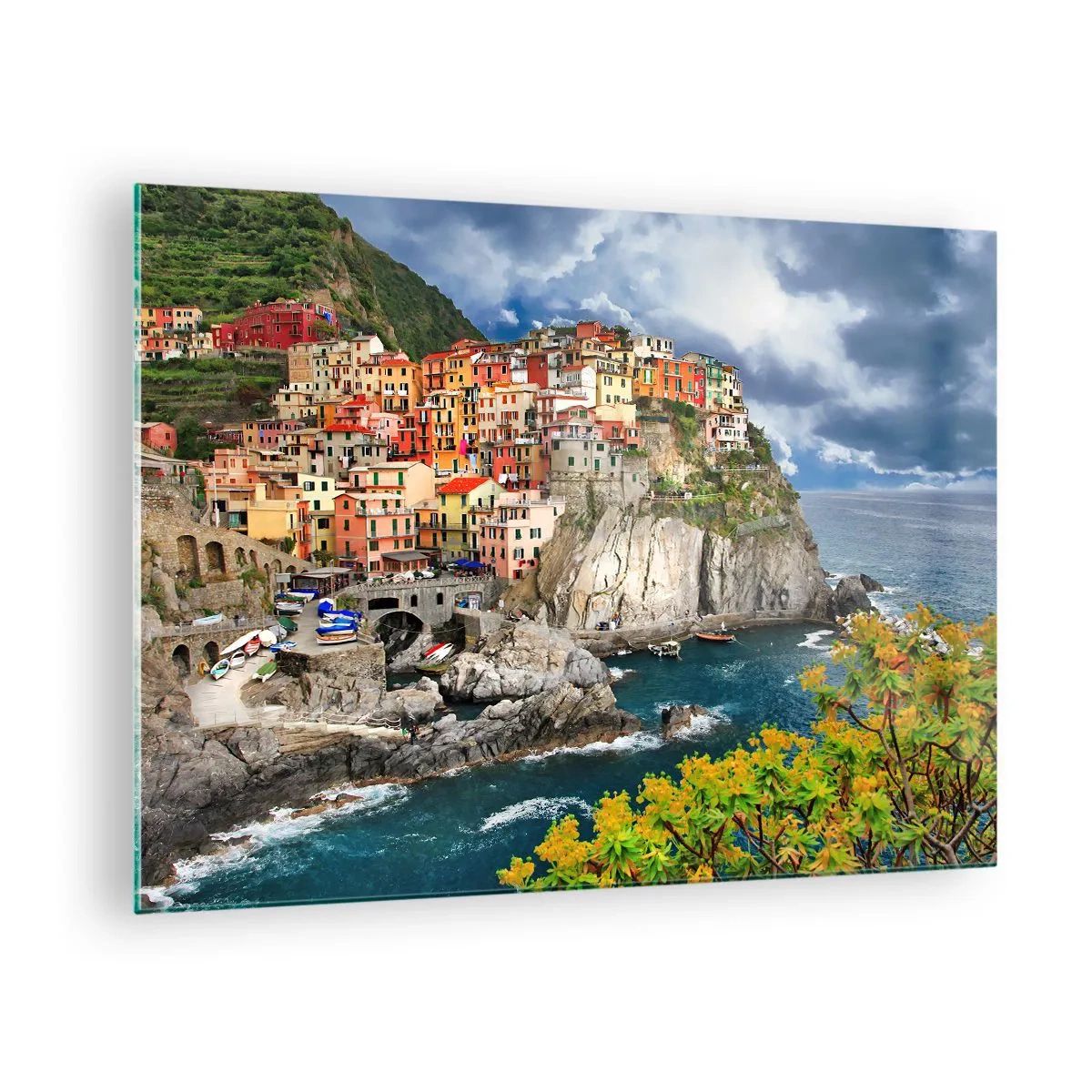 Quadro em vidro - Uma cidade colorida em um penhasco à beira-mar - 70x50cm - Um aglomerado nas rochas - Decoração de parede moderna para a sala de estar e quarto ARTTOR