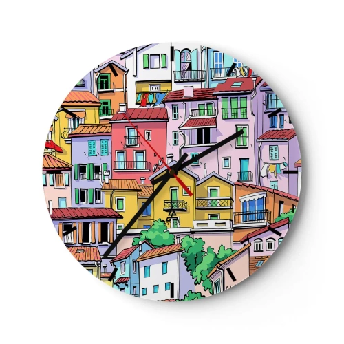 Relógio de parede - Relógio em vidro - Casas coloridas em estilo ilustrativo - 30x30cm - Cidade divertida - Decoração de parede moderna para a sala de estar, cozinha e quarto ARTTOR
