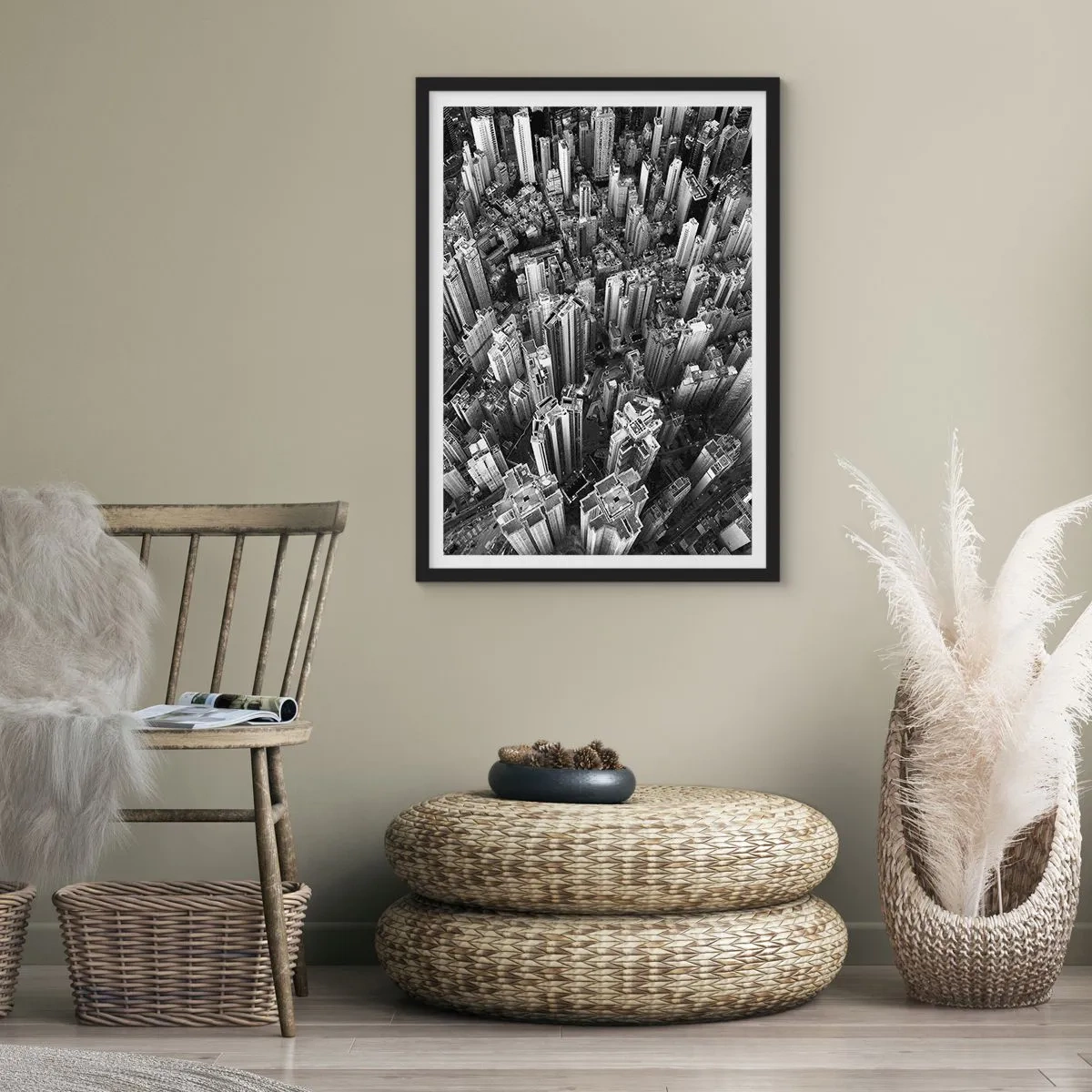 Pôster com moldura preta - Vista aérea de arranha-céus da cidade em preto e branco - 50x70cm - Ainda mais alto e mais alto - Decoração de parede moderna para a sala de estar e quarto ARTTOR