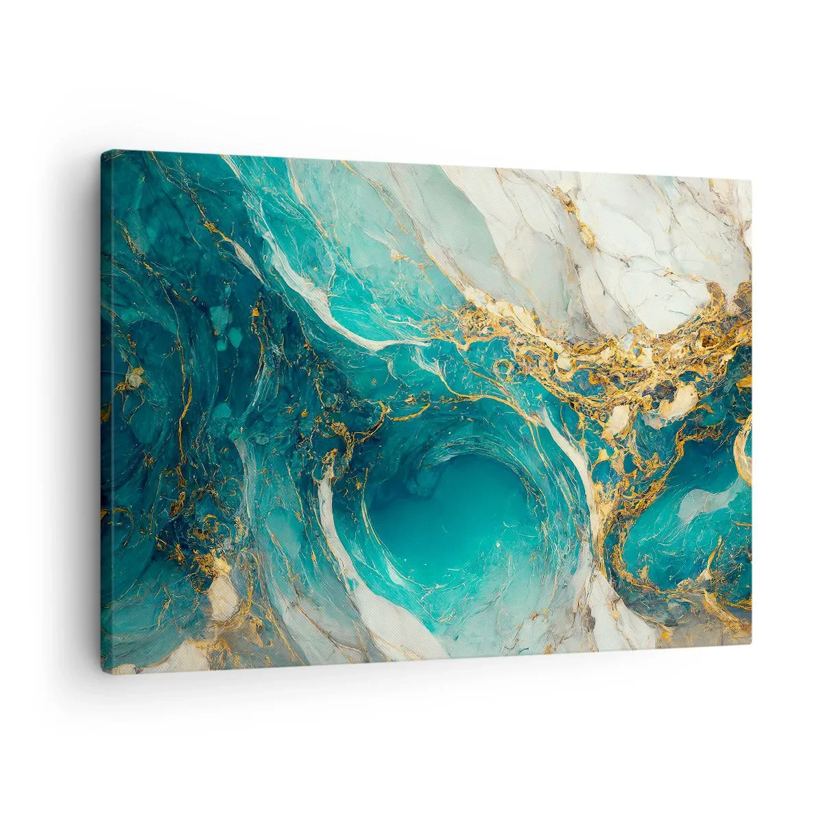Quadro em tela - Uma composição abstrata em tons de turquesa e dourado. - 70x50cm - Composição com veios d'ouro - Decoração de parede moderna para a sala de estar e quarto ARTTOR