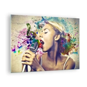 Quadro em vidro - Uma composição colorida de uma mulher cantando em um microfone. - 70x50cm - Pintar o mundo com a voz - Decoração de parede moderna para a sala de estar e quarto ARTTOR