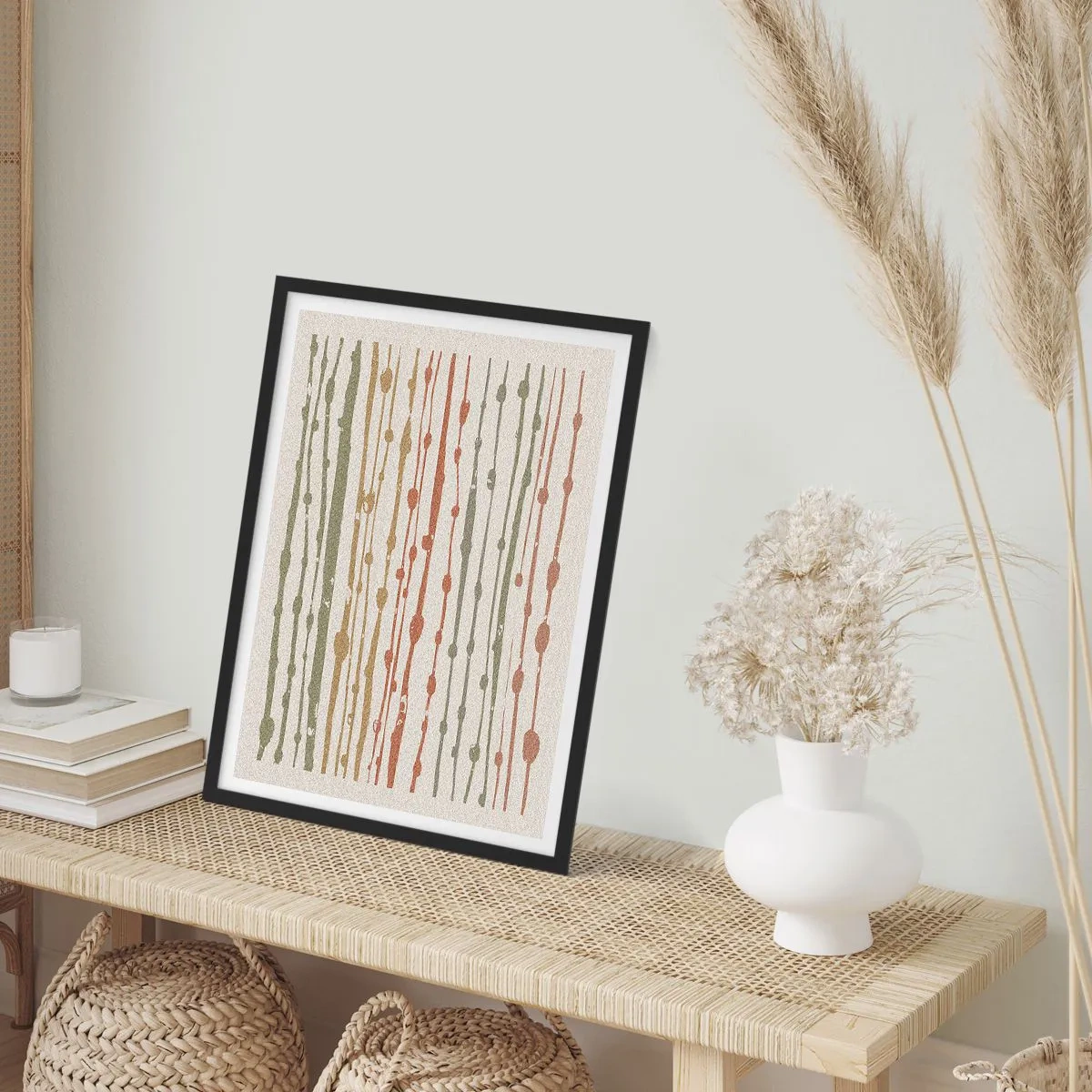 Pôster com moldura preta - Linhas verticais abstratas em tons naturais - 50x70cm - Notação musical de cores - Decoração de parede moderna para a sala de estar e quarto ARTTOR