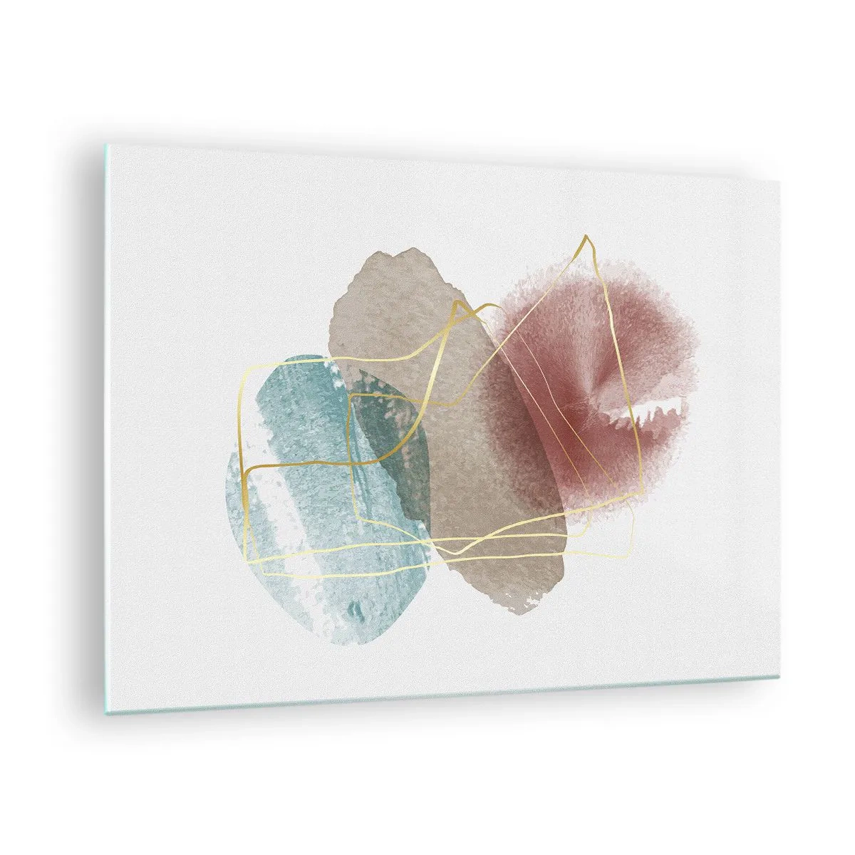 Quadro em vidro - Respingos abstratos de aquarela e linhas douradas - 70x50cm - Corais espaciais - Decoração de parede moderna para a sala de estar e quarto ARTTOR