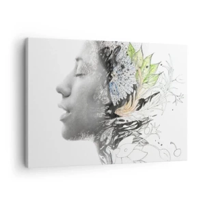Quadro em tela - Perfil de uma mulher em uma colagem artística de natureza e negritude - 70x50cm - Imersa na natureza - Decoração de parede moderna para a sala de estar e quarto ARTTOR