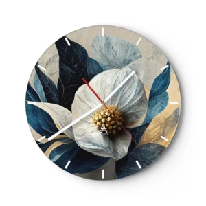 Relógio de parede - Relógio em vidro - Um arranjo floral branco com folhas azul-marinho e um centro dourado - 30x30cm - Tem um coração de ouro - Decoração de parede moderna para a sala de estar, cozinha e quarto ARTTOR