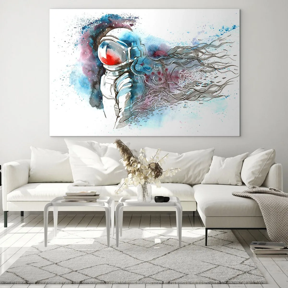 Quadro em vidro - Astronauta em um ambiente espacial dinâmico em aquarela - 70x50cm - Sozinho com o espaço - Decoração de parede moderna para a sala de estar e quarto ARTTOR