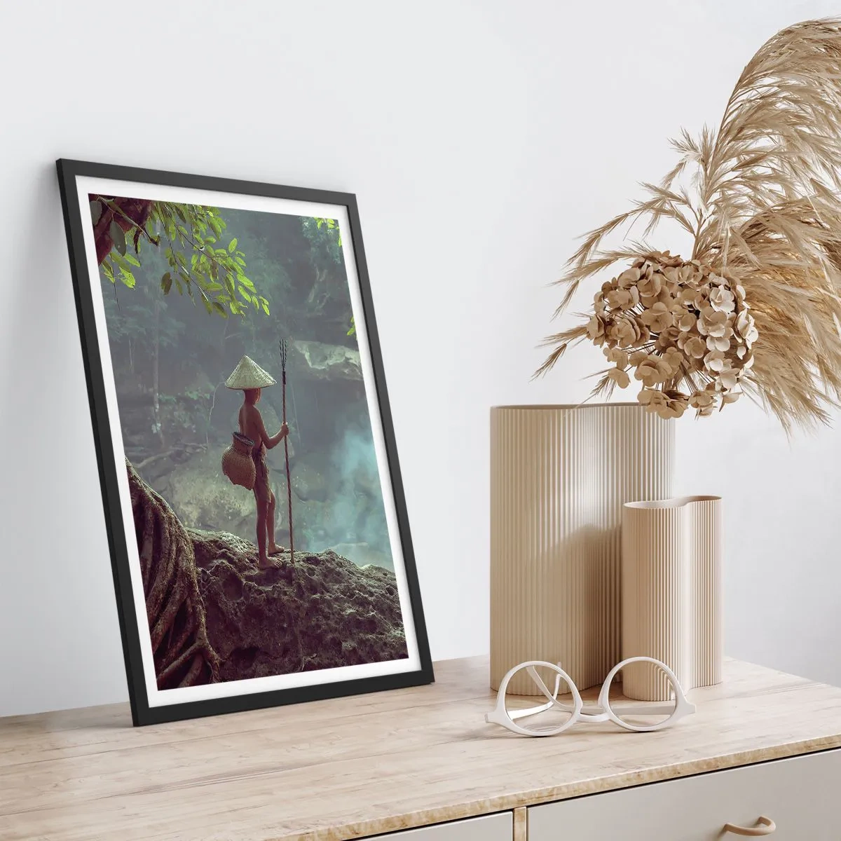 Pôster com moldura preta - Um menino na floresta com uma vara de pescar e uma cesta nas costas - 50x70cm - Amigo da natureza - Decoração de parede moderna para a sala de estar e quarto ARTTOR