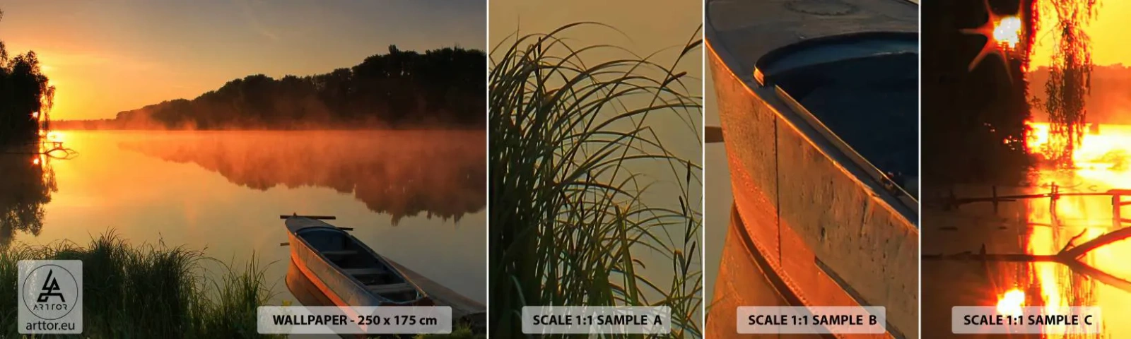 Amostra de papel de parede autocolante Deluxe Sticker - Nascer do sol sobre a água como um espelho - Paisagem, Lago, Manhã - 100x30 cm