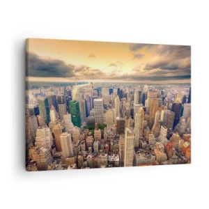 Quadro em tela - Panorama da cidade com vista para arranha-céus ao pôr do sol - 70x50cm - Metrópole dourada - Decoração de parede moderna para a sala de estar e quarto ARTTOR