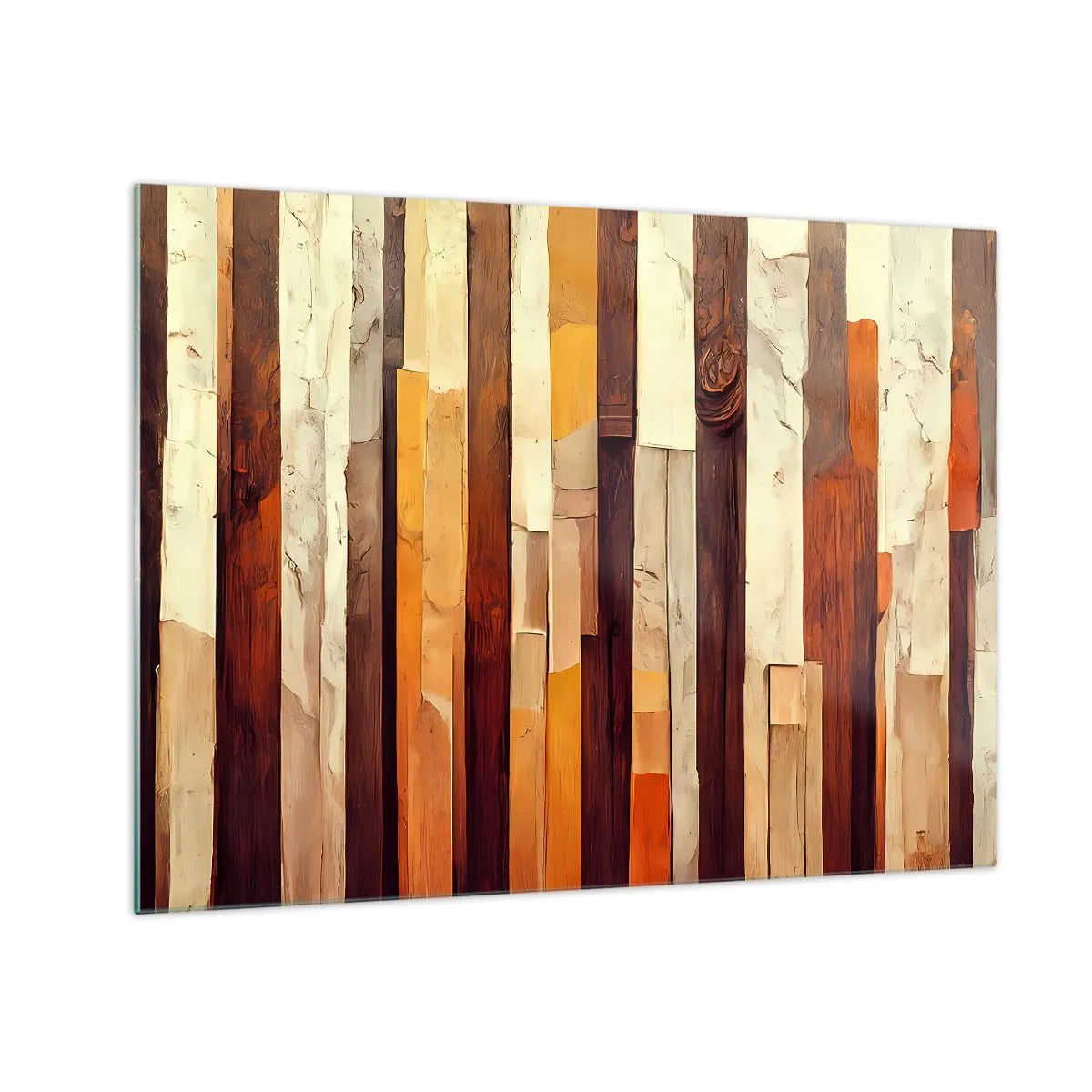 Quadro em vidro - Uma composição de listras verticais em tons de madeira e bege - 70x50cm - Hino das árvores da floresta - Decoração de parede moderna para a sala de estar e quarto ARTTOR