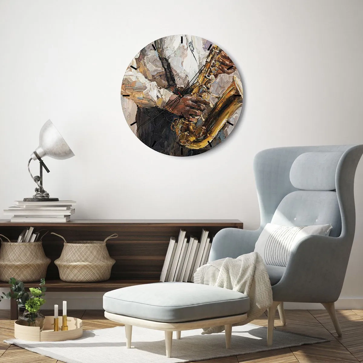 Relógio de parede - Relógio em vidro - Uma pintura artística representando um músico tocando saxofone - 30x30cm - Hora do solo - Decoração de parede moderna para a sala de estar, cozinha e quarto ARTTOR