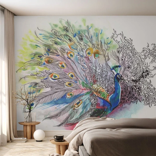 Papel de Parede Autocolante Deluxe Sticker - Contra o cinza com orgulho - Pássaro, Pavão, Penas - 150x105 cm
