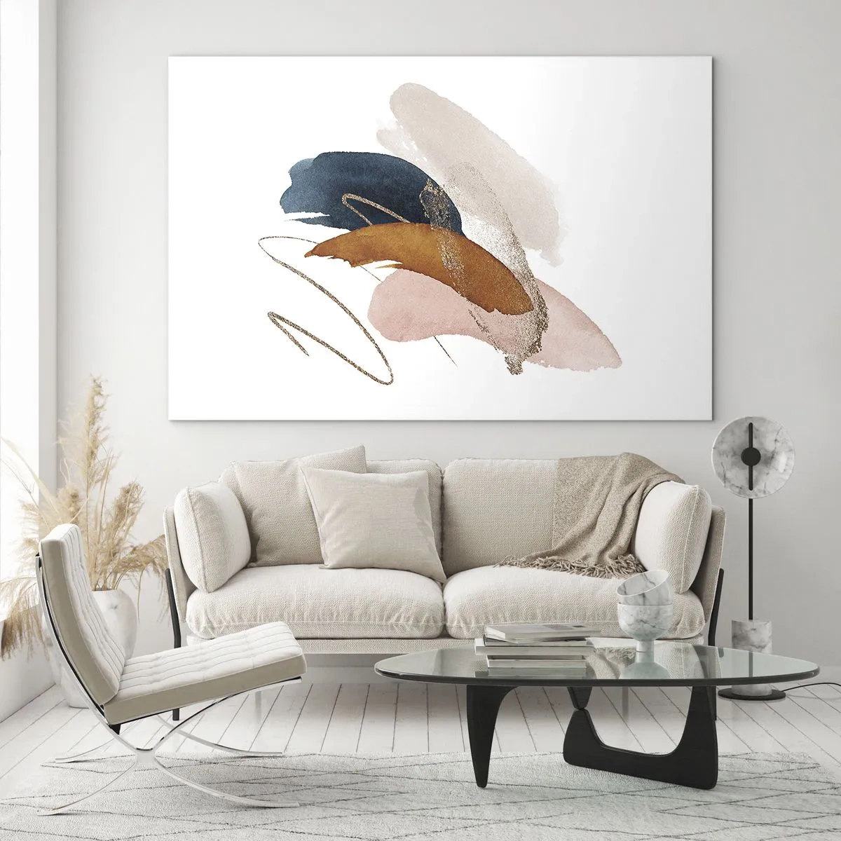 Quadro em vidro - Pinceladas abstratas em cores suaves - 70x50cm - Composição alada - Decoração de parede moderna para a sala de estar e quarto ARTTOR