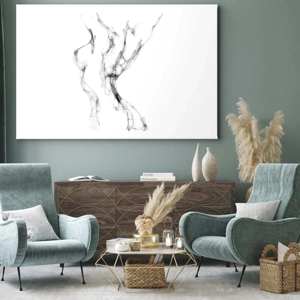 Quadro em tela - Linhas delicadas e abstratas que lembram rastros de fumaça em um fundo claro - 70x50cm - Bonita e forte - Decoração de parede moderna para a sala de estar e quarto ARTTOR