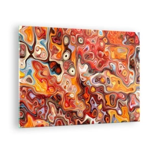 Quadro em vidro - Composição abstrata em tons de laranja e vermelho - 70x50cm - Se as nozes tivessem derretido no mel - Decoração de parede moderna para a sala de estar e quarto ARTTOR