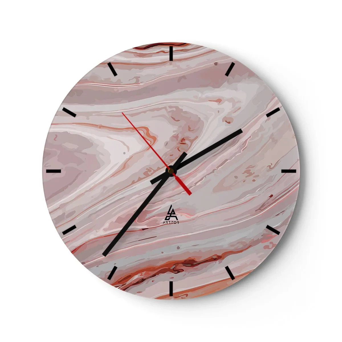 Relógio de parede - Relógio em vidro - Um padrão abstrato semelhante a mármore em tons de bege e rosa. - 30x30cm - Rosa líquido - Decoração de parede moderna para a sala de estar, cozinha e quarto ARTTOR