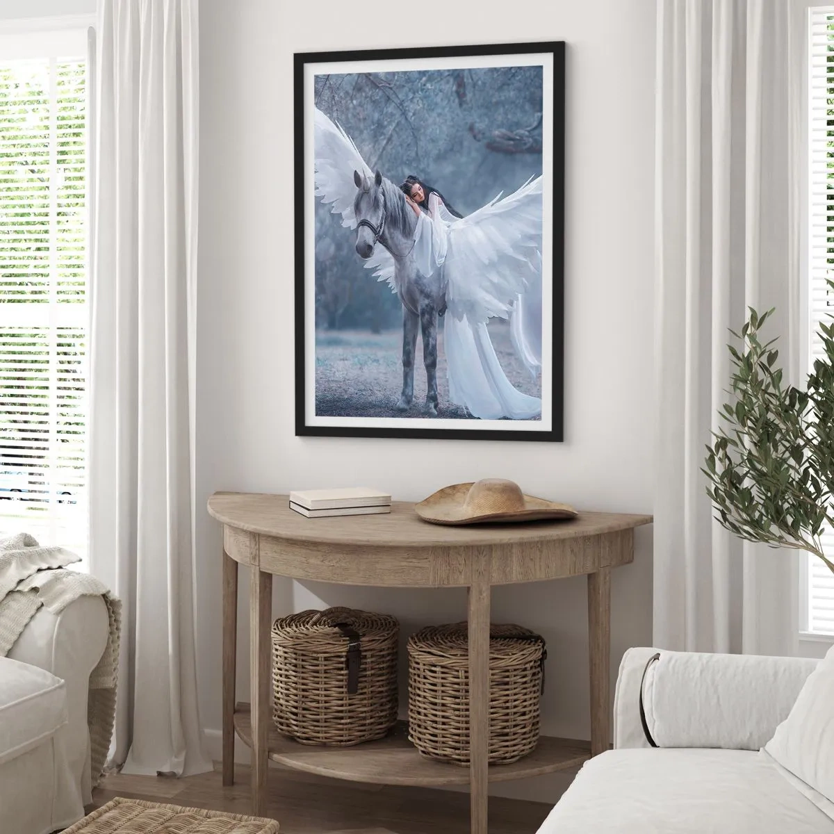 Pôster com moldura preta - Pégaso com asas brancas e uma figura etérea - 50x70cm - Momento inspirado - Decoração de parede moderna para a sala de estar e quarto ARTTOR