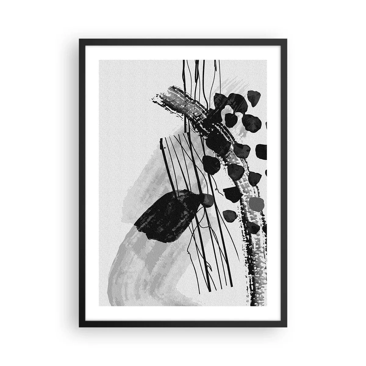 Pôster com moldura preta - Abstração moderna em preto e branco com linhas dinâmicas - 50x70cm - Abstração orgánica em preto e branco - Decoração de parede moderna para a sala de estar e quarto ARTTOR