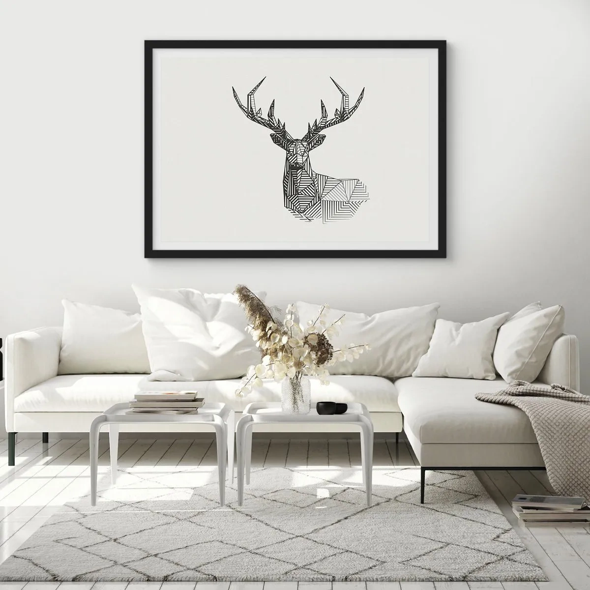 Pôster com moldura preta - Veado em estilo cubista - 100x70 cm