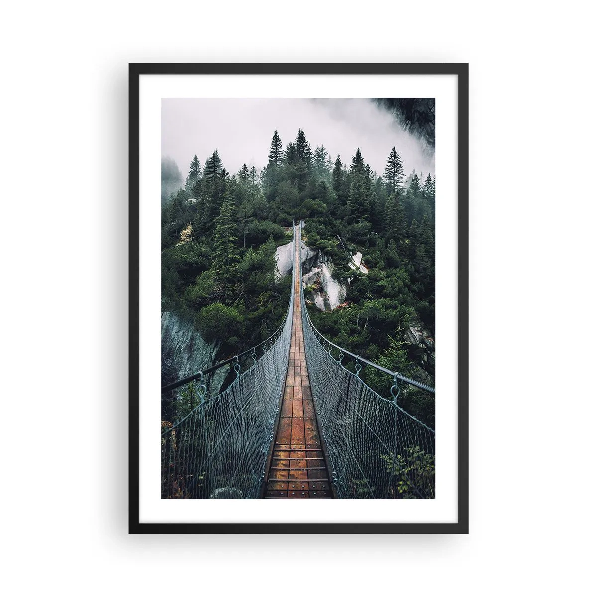 Pôster com moldura preta - Uma ponte suspensa através de uma floresta densa e enevoada - 50x70cm - Apenas para águias - Decoração de parede moderna para a sala de estar e quarto ARTTOR