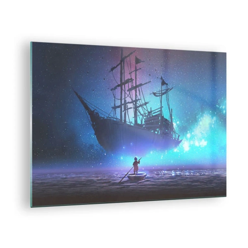Quadro em vidro - Um navio noturno flutuando sobre a água em uma aura mágica - 70x50cm - Um encontro com o mito do mar - Decoração de parede moderna para a sala de estar e quarto ARTTOR